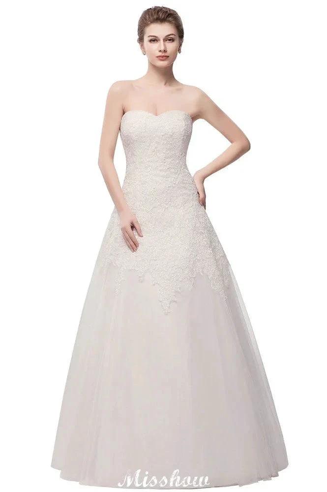 Sweetheart Strapless A-line Long Lace Tulle Wedding Dresses - Image 9