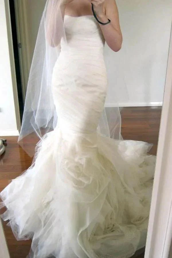 Sweetheart Sweep Train Tiered Mermaid  Ivory Wedding Dress Ruched WD162 - Image 2