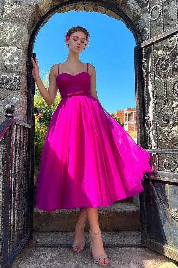 Sweetheart Tea Length Hot Pink Prom Dress Simple Prom Dress PSK565 - Image 3