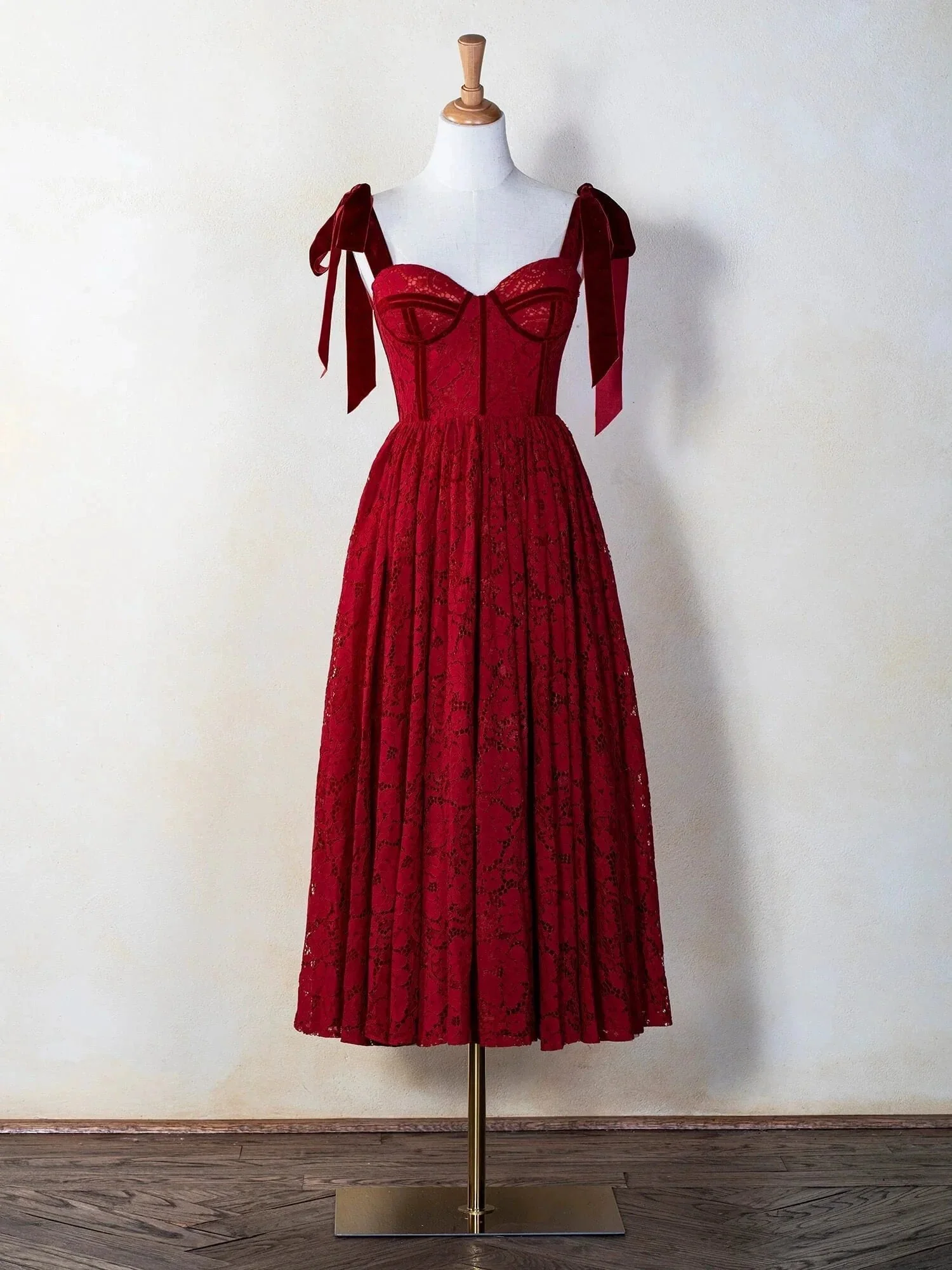 Corset Bow Straps Tea Length Lace Prom Dress - Image 3