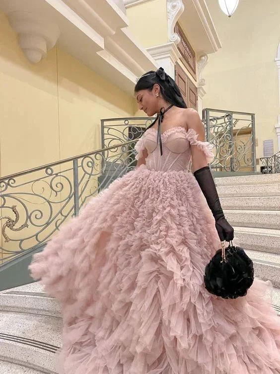 Sweetheart Tulle Ball Gown Evening Dresses Dirty Pink Saudi Arabia Long Ruffle Prom Gown For Women Y4661 - Image 2