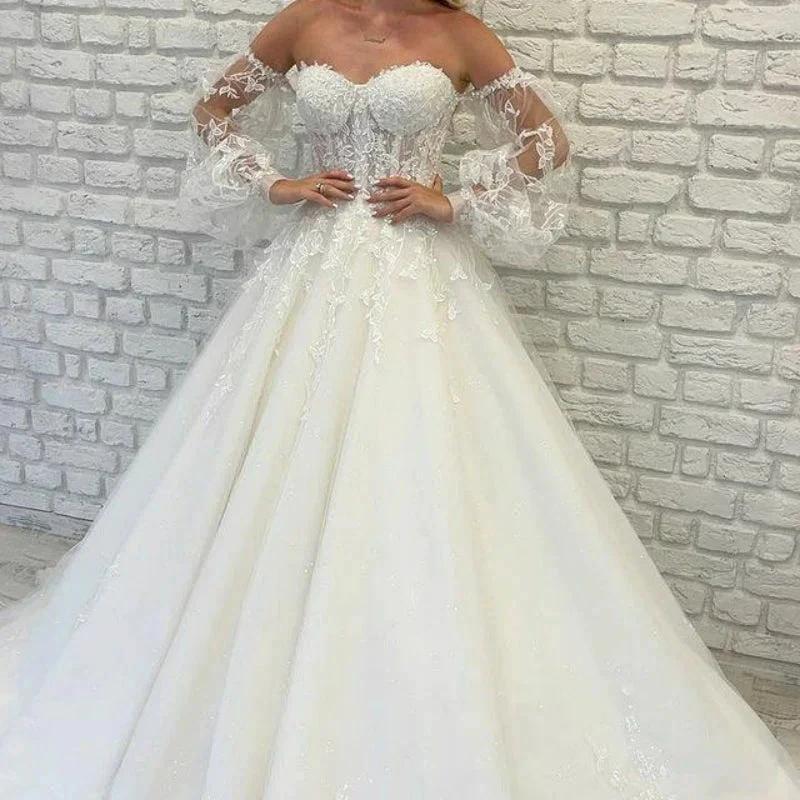 Sweetheart Tulle Wedding Dresses Off Shoulder Lace Up Appliqued Beaded Vestido De Noiva 2022 Puffed sleeves Lace Bridal Dress - Image 2