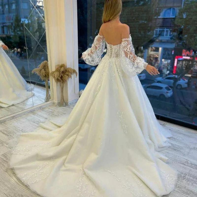Sweetheart Tulle Wedding Dresses Off Shoulder Lace Up Appliqued Beaded Vestido De Noiva 2022 Puffed sleeves Lace Bridal Dress - Image 3