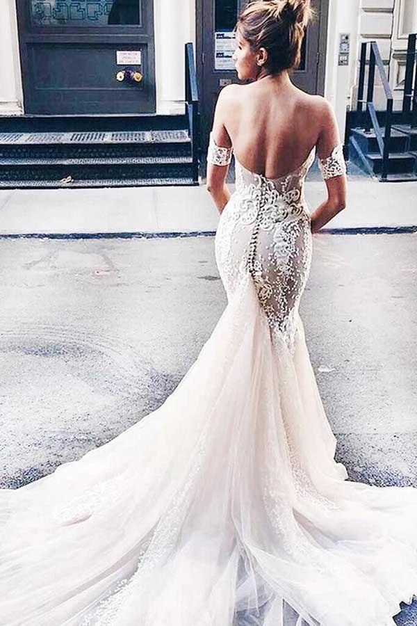 Sweetheart Watteau Train Mermaid Wedding Dress with White Lace WD270 - Image 2