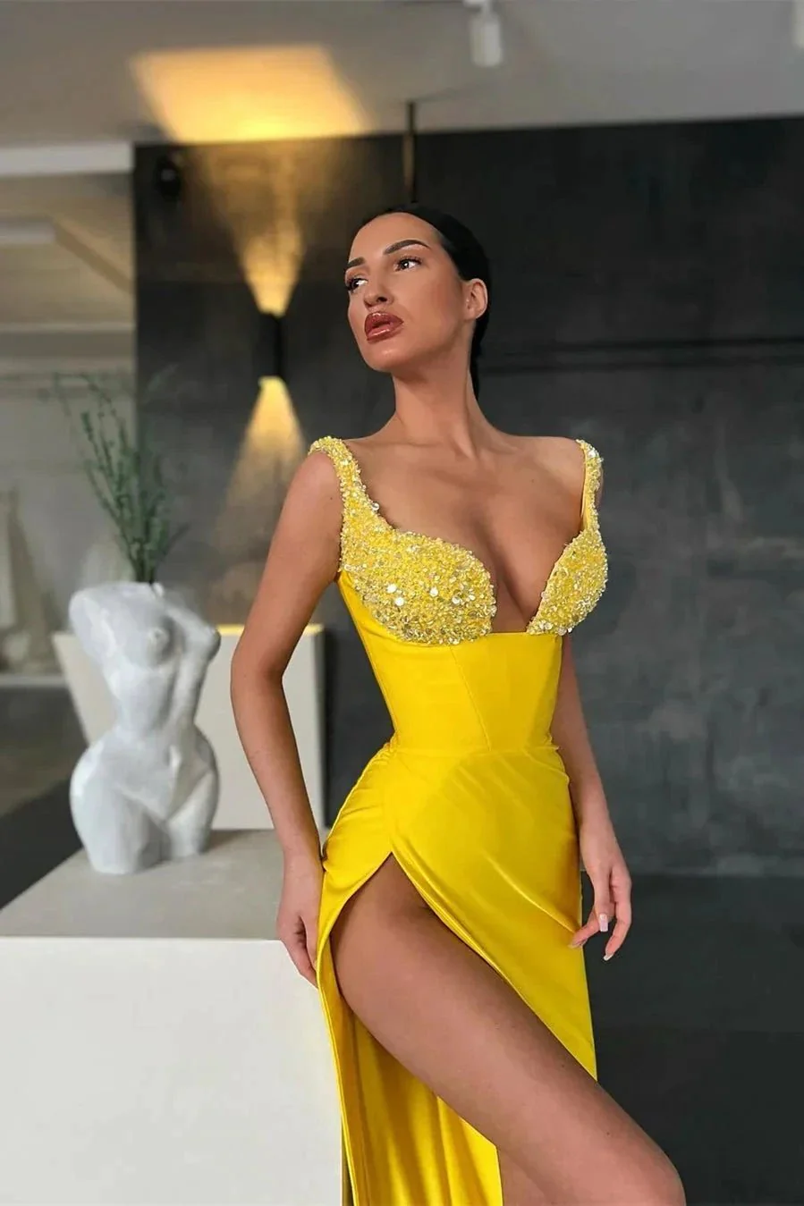 Sweetheart Yellow Mermaid Prom Dress with Slit and Beads - Image 2