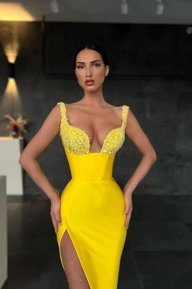 Sweetheart Yellow Mermaid Prom Dress with Slit and Beads - Image 4