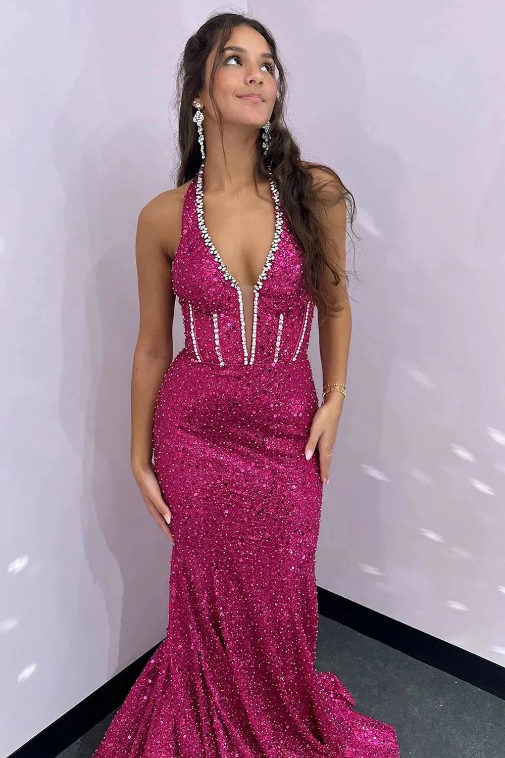 Sylvana | V Neck Halter Sequins Long Mermaid Prom Dresses with Beading - Image 2