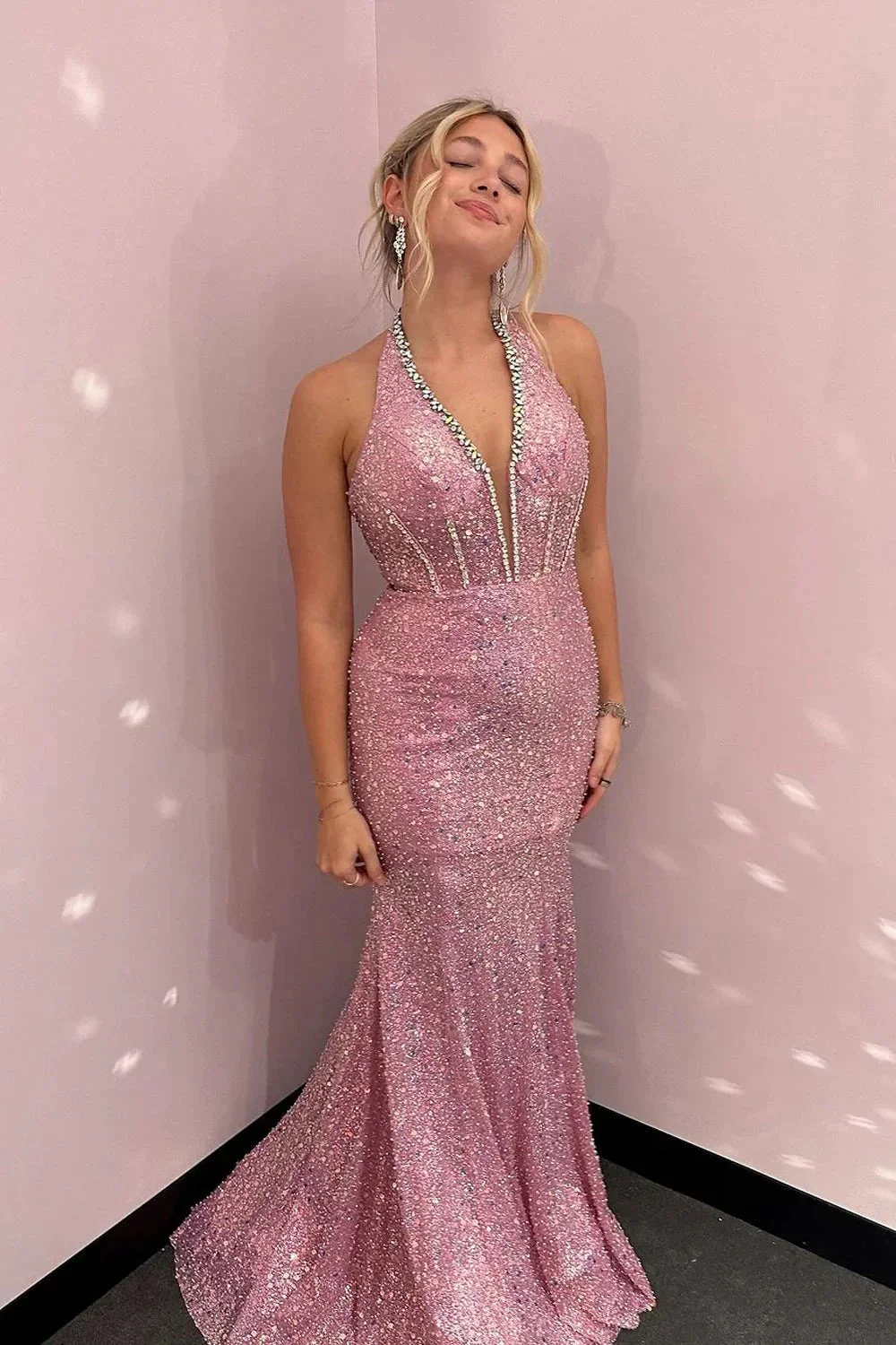 Sylvana | V Neck Halter Sequins Long Mermaid Prom Dresses with Beading - Image 4