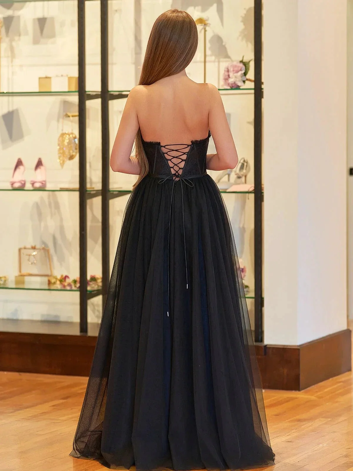 Talia | Black A Line Sweetheart Corset Tulle Prom Dress with Slit - Image 4
