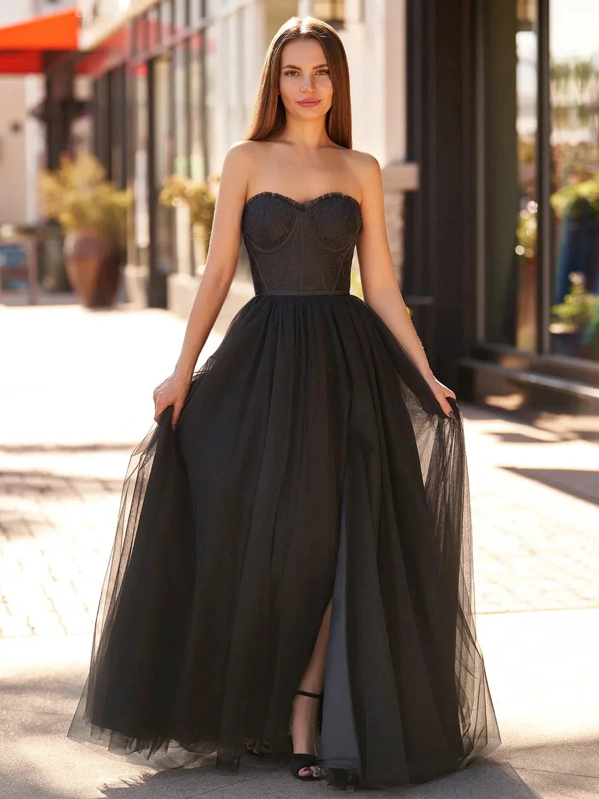 Talia | Black A Line Sweetheart Corset Tulle Prom Dress with Slit - Image 7