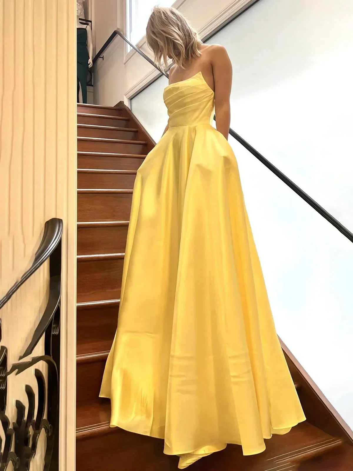 Tanzie | Strapless Sage Green Satin A-line Long Prom Dress - Image 2