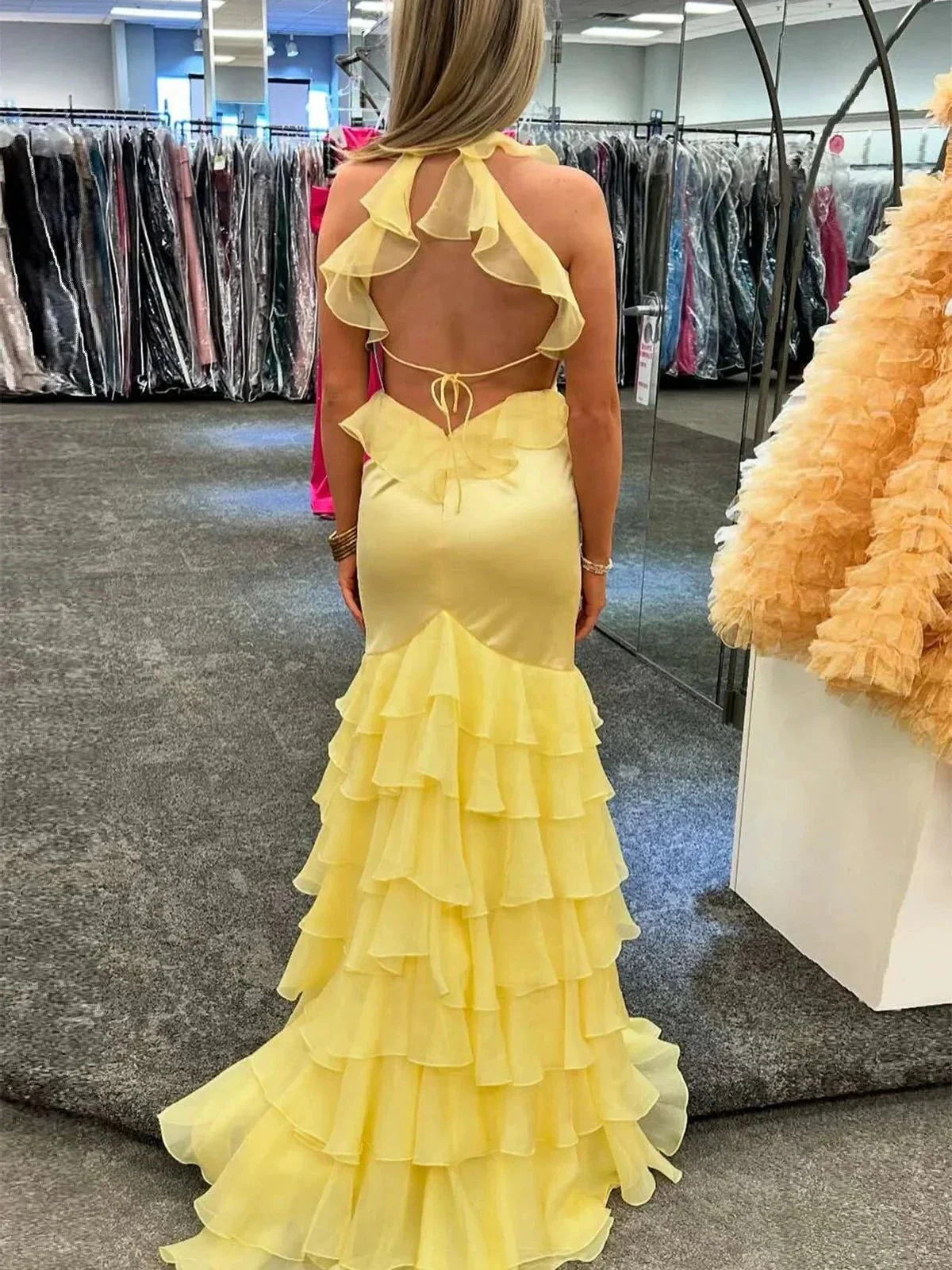 Tatum | Yellow V Neck Satin Mermaid Ruffles Long Prom Dress - Image 2