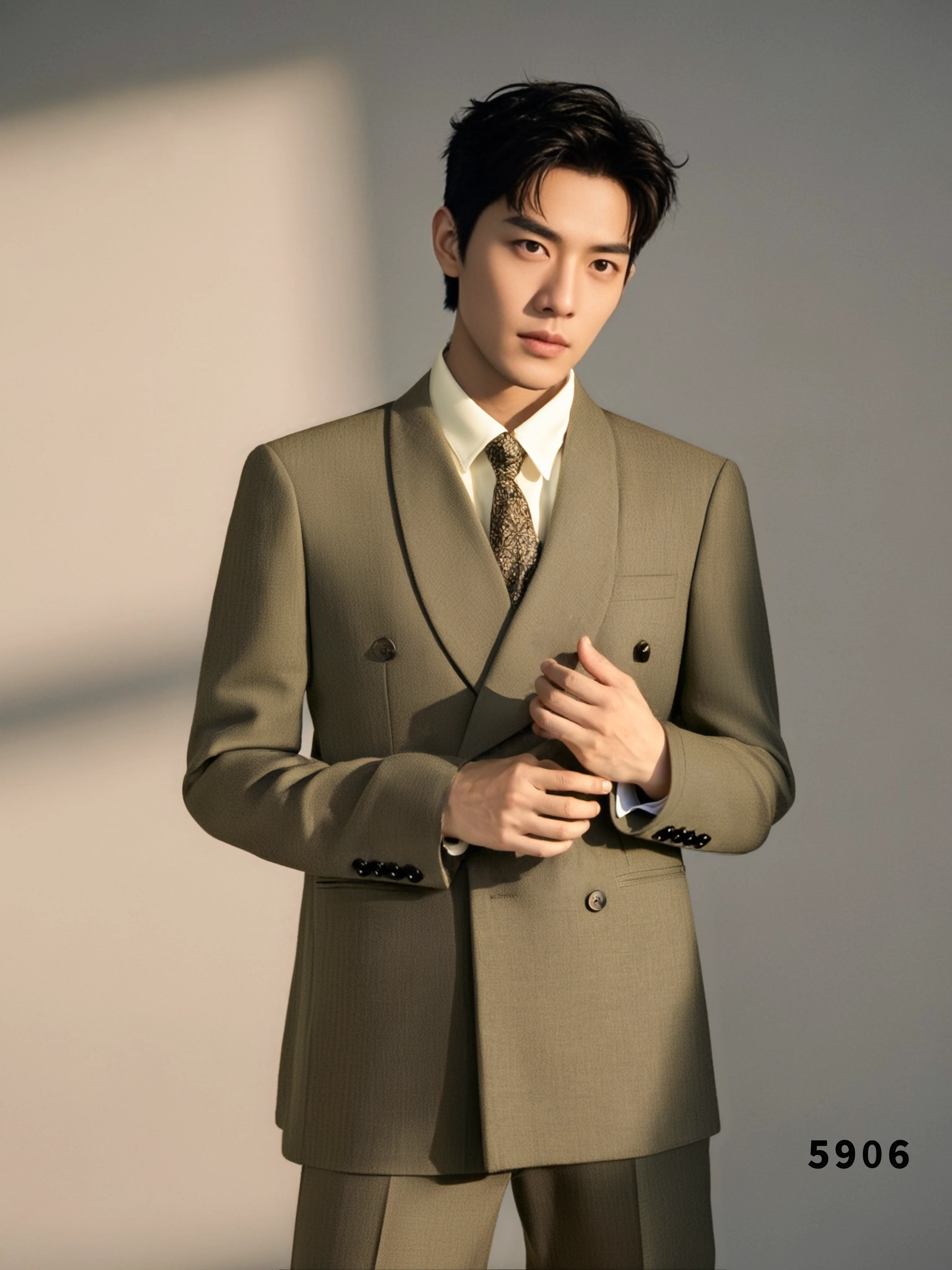 Taupe Wool Double Breasted 3 Piece Wedding Suit for Groom and Groomsmen - Image 4