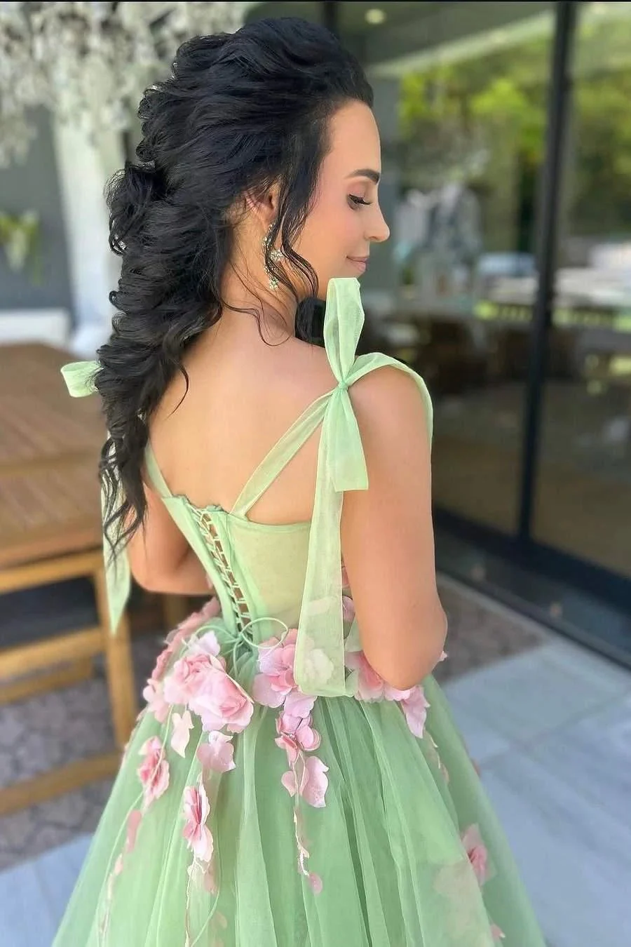 Taurus | Sweet Green A-Line Straps Sleeveless Appliques Tulle Long Prom Dress - Image 2
