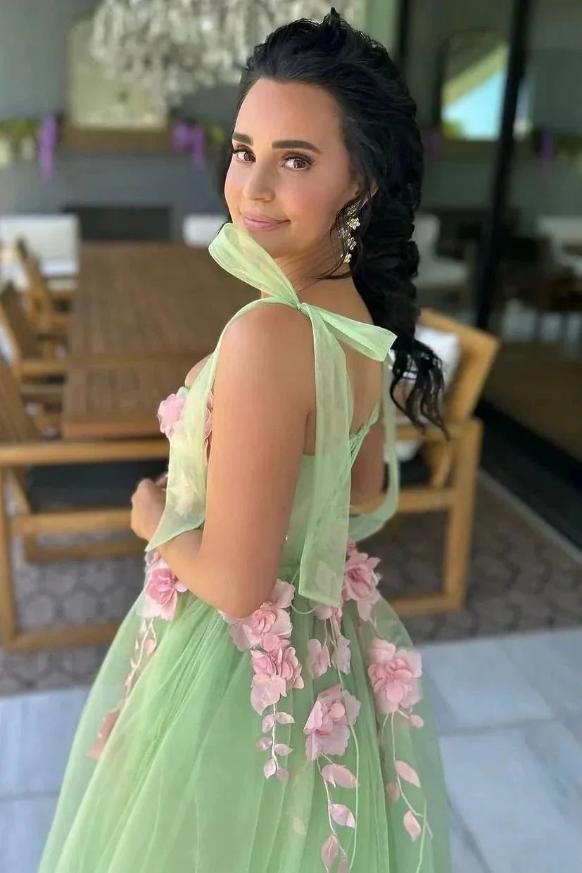 Taurus | Sweet Green A-Line Straps Sleeveless Appliques Tulle Long Prom Dress - Image 3