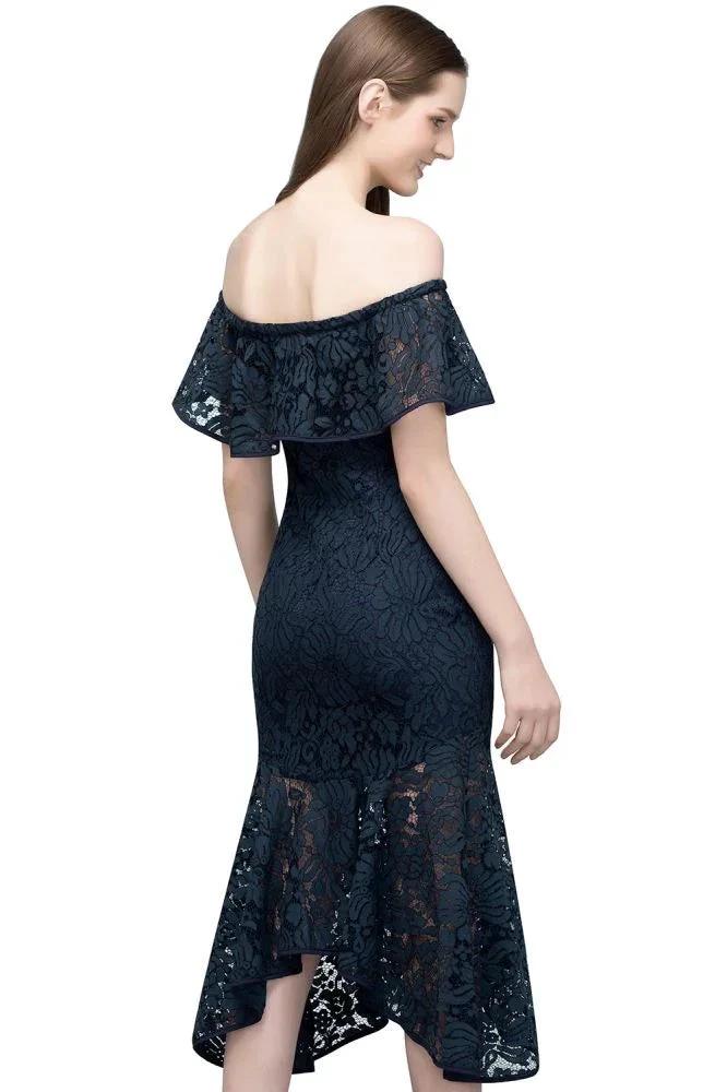 Tea Length Black Mermaid Off-shoulder Lace Prom Dresses - Image 11
