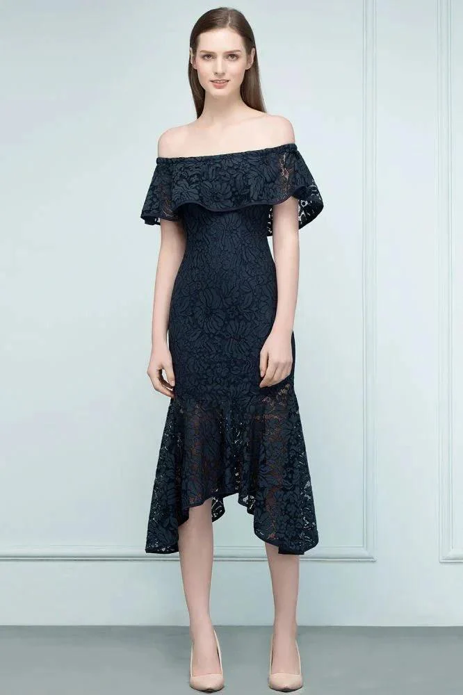 Tea Length Black Mermaid Off-shoulder Lace Prom Dresses - Image 12