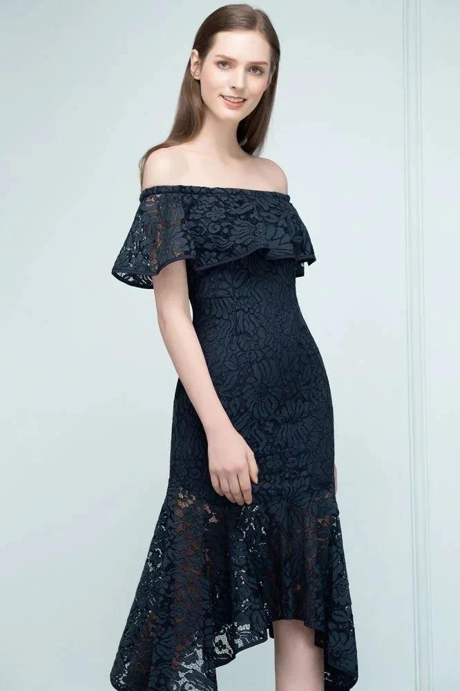Tea Length Black Mermaid Off-shoulder Lace Prom Dresses - Image 2