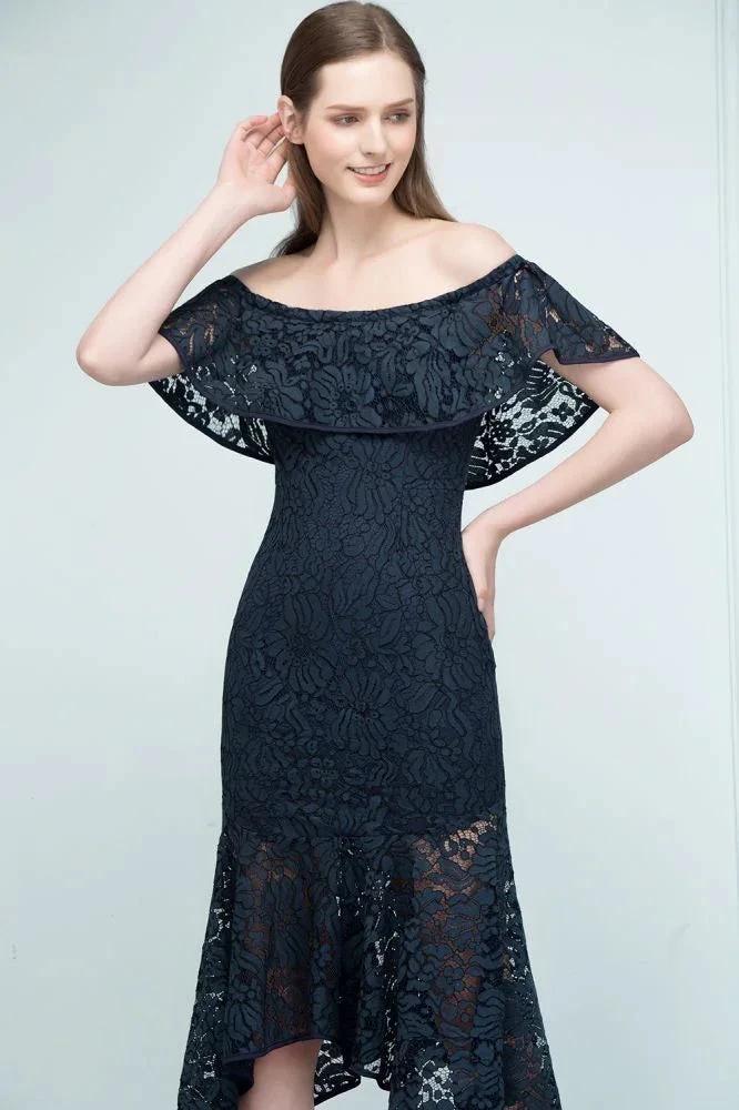 Tea Length Black Mermaid Off-shoulder Lace Prom Dresses - Image 3
