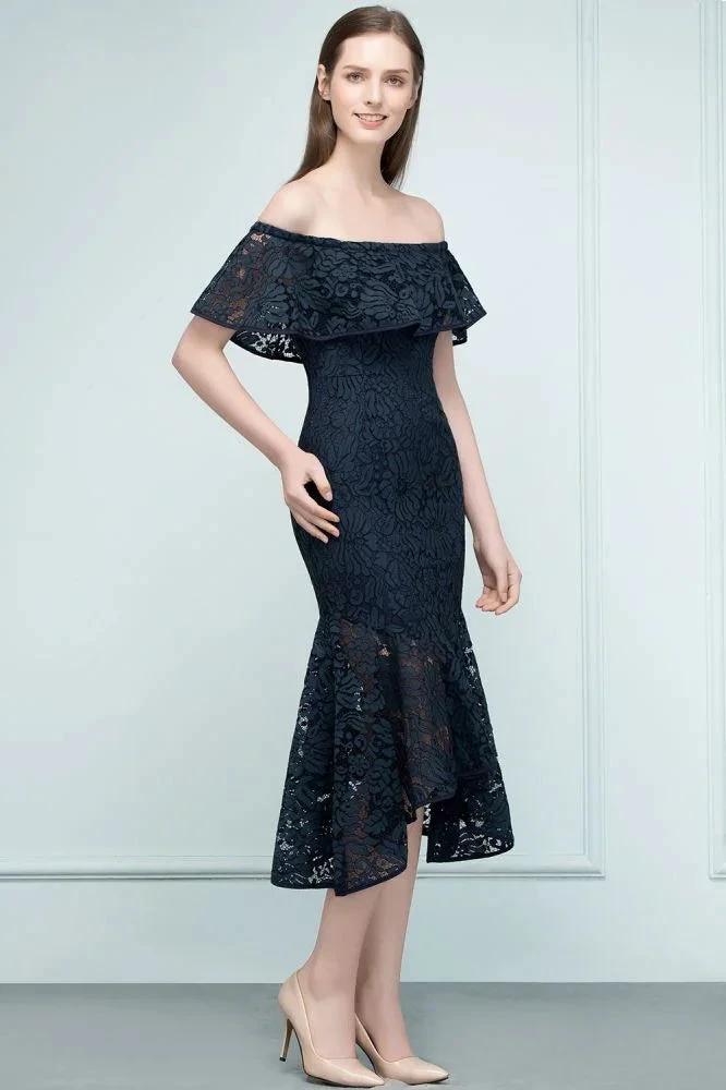 Tea Length Black Mermaid Off-shoulder Lace Prom Dresses - Image 4