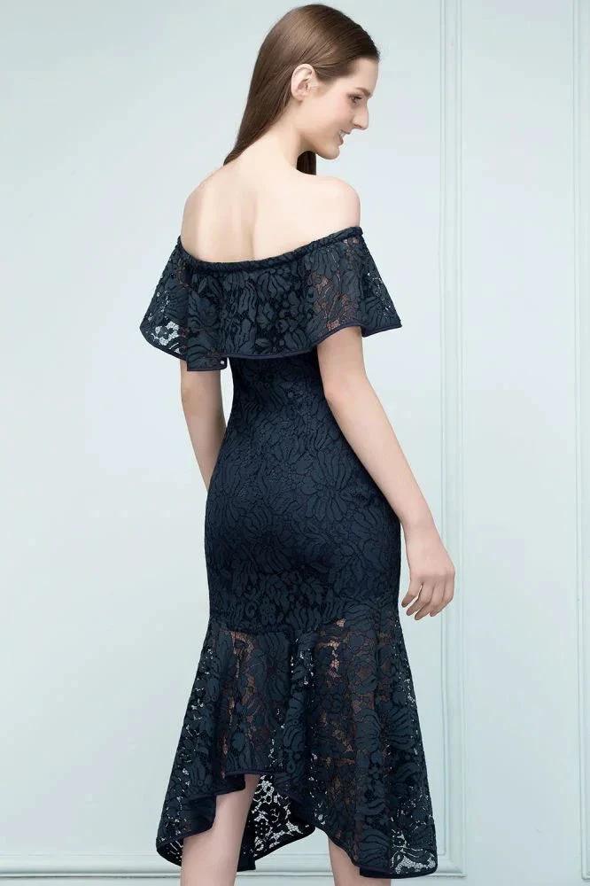 Tea Length Black Mermaid Off-shoulder Lace Prom Dresses - Image 5