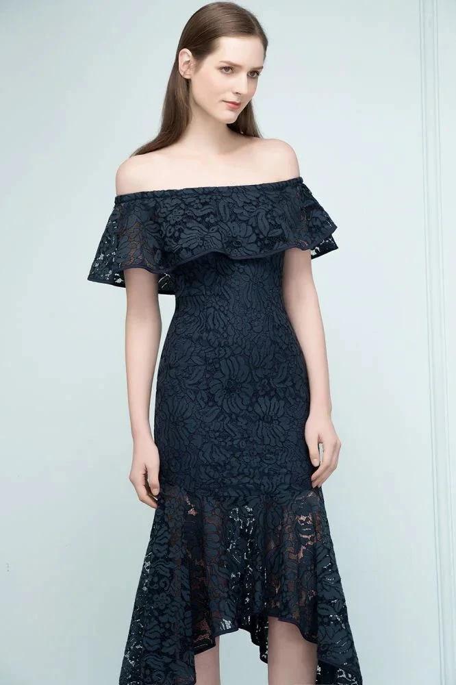 Tea Length Black Mermaid Off-shoulder Lace Prom Dresses - Image 7