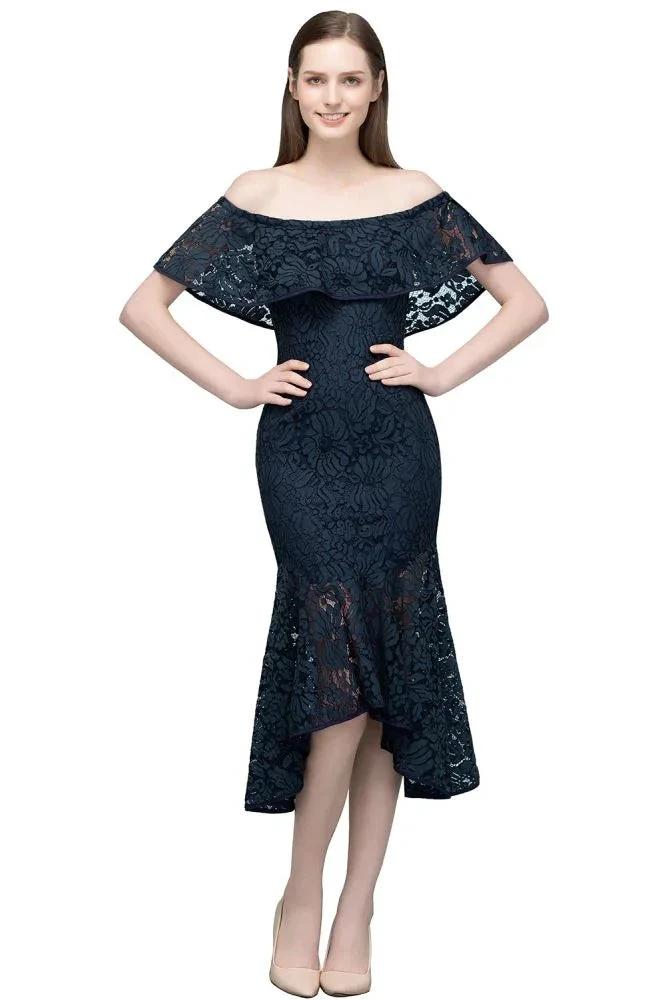 Tea Length Black Mermaid Off-shoulder Lace Prom Dresses - Image 8