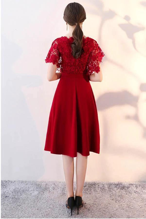 Tea Length Lace Sleeve Wedding Party Dress Homecoming Dress with Sash PD096 - Image 2