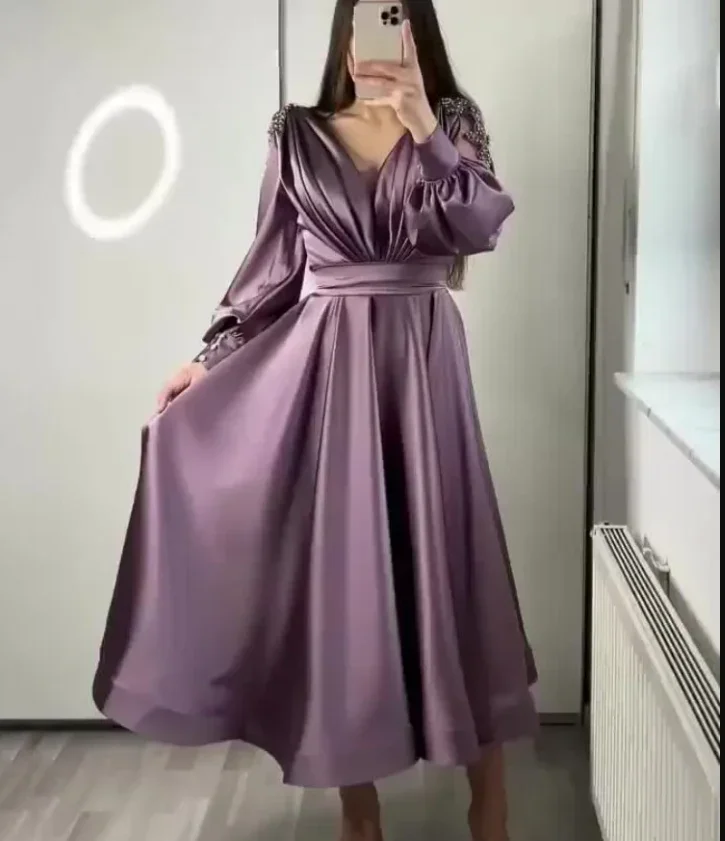 Tea Length Long Puff Sleeve Evening Dress for Wedding Party Beaded Appliques Arabic Short Prom Party Y5018 - Image 2