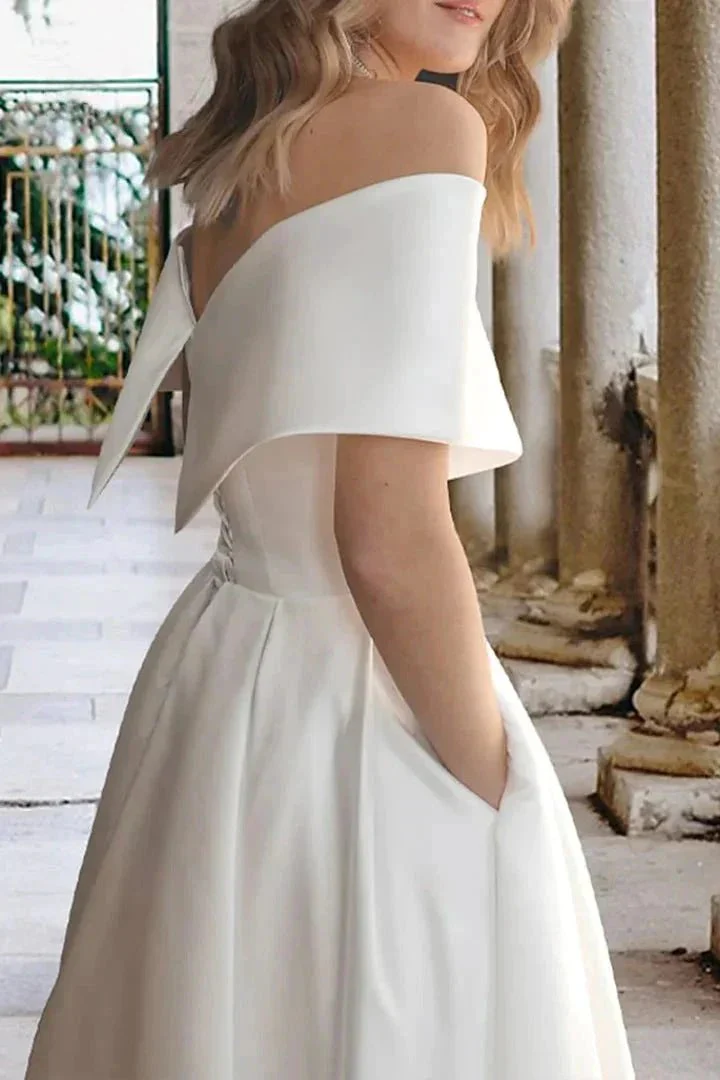 Tea Length Off The Shoulder Beach Satin Wedding Dress with Pockets WD680 - Image 3