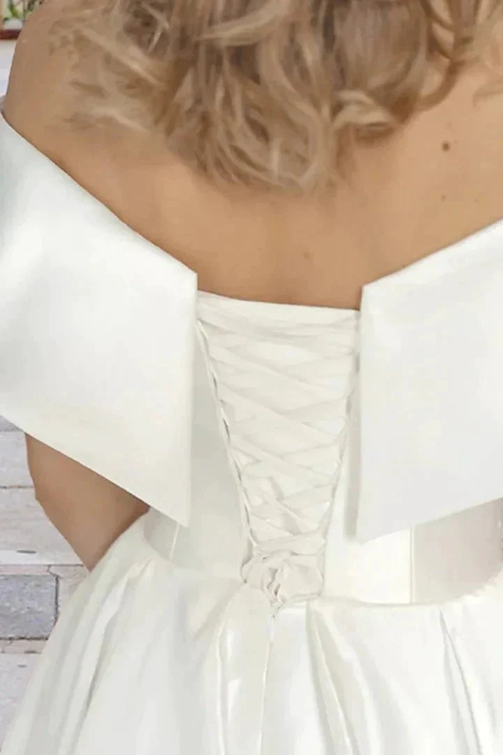 Tea Length Off The Shoulder Beach Satin Wedding Dress with Pockets WD680 - Image 4