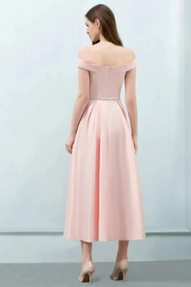 Tea Length Pink A-line Off-shoulder Prom Dresses with Sash - Image 2