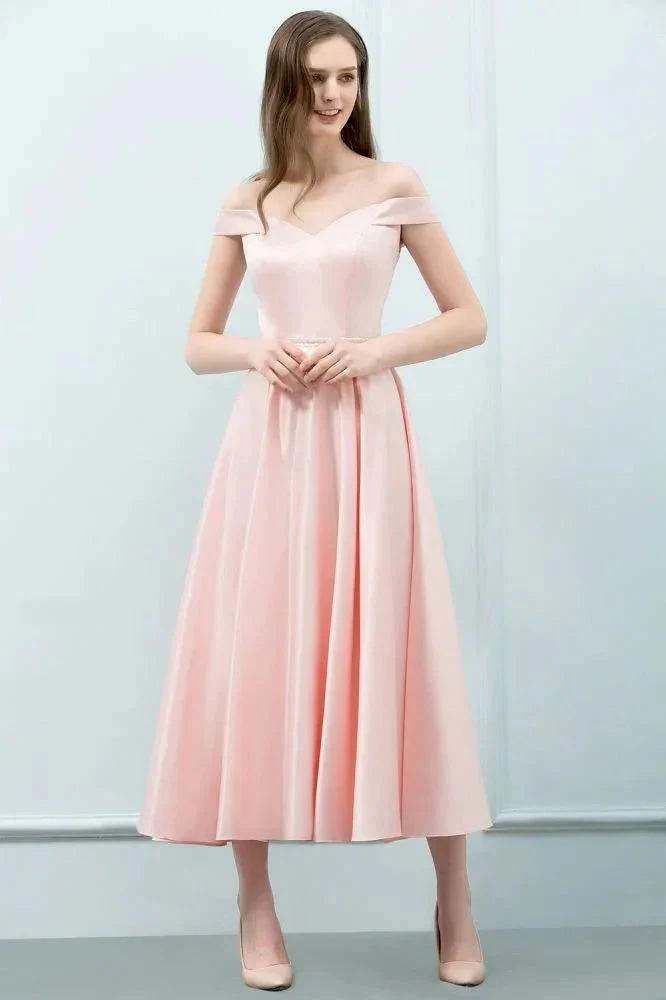 Tea Length Pink A-line Off-shoulder Prom Dresses with Sash - Image 3