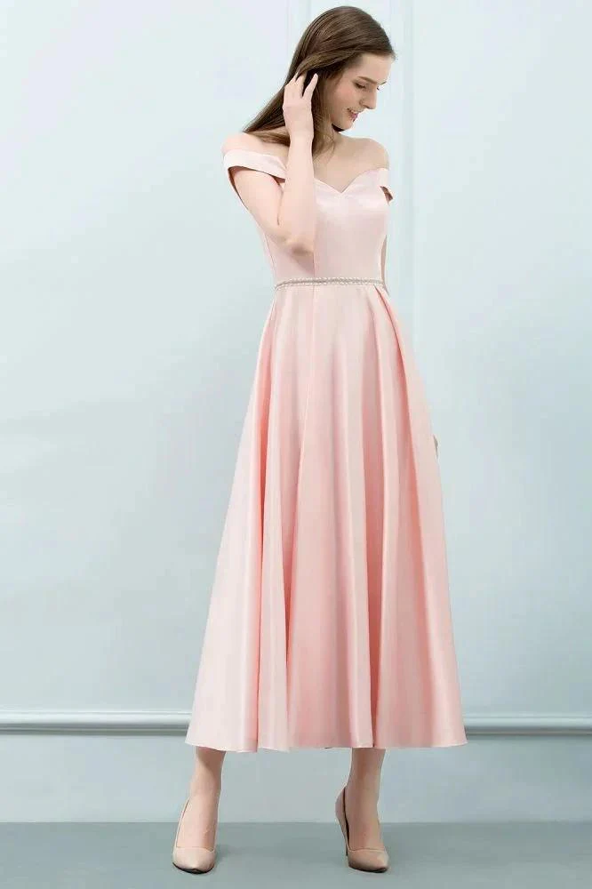 Tea Length Pink A-line Off-shoulder Prom Dresses with Sash - Image 4