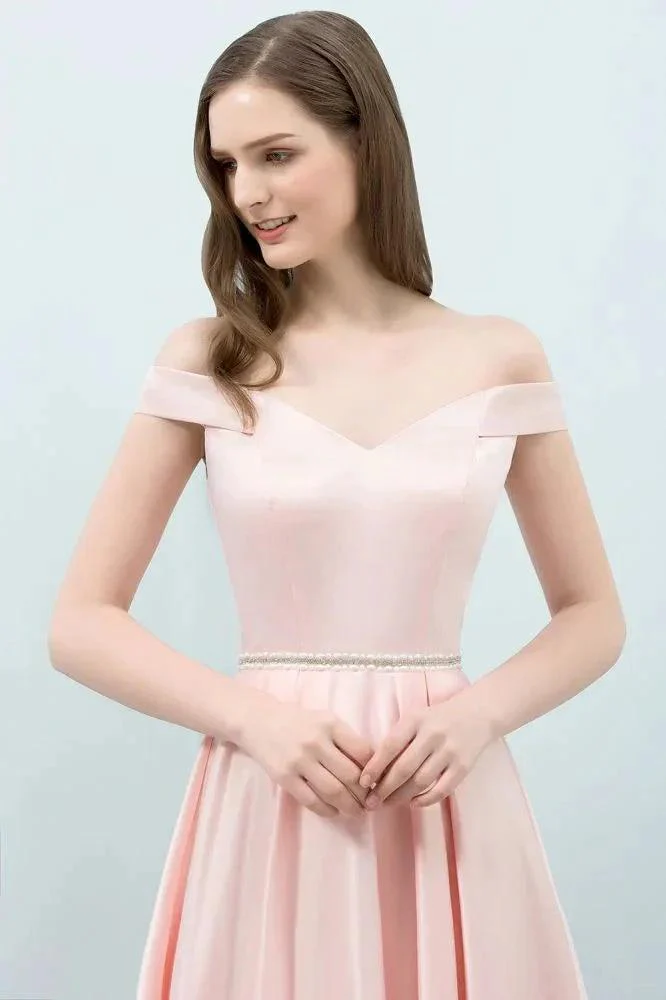Tea Length Pink A-line Off-shoulder Prom Dresses with Sash - Image 5