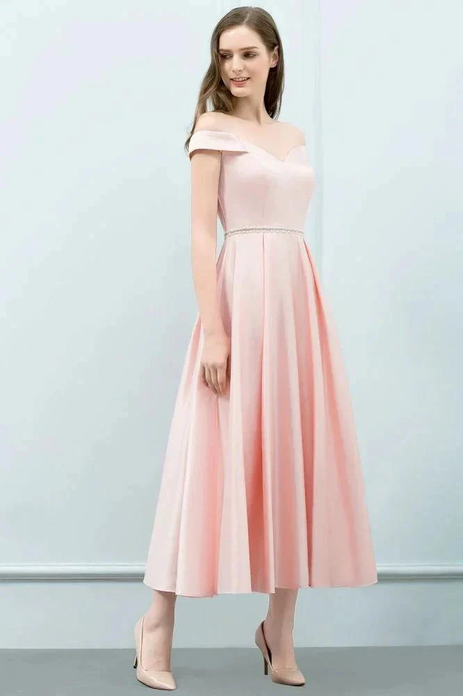 Tea Length Pink A-line Off-shoulder Prom Dresses with Sash - Image 6