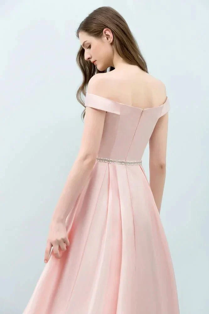 Tea Length Pink A-line Off-shoulder Prom Dresses with Sash - Image 7