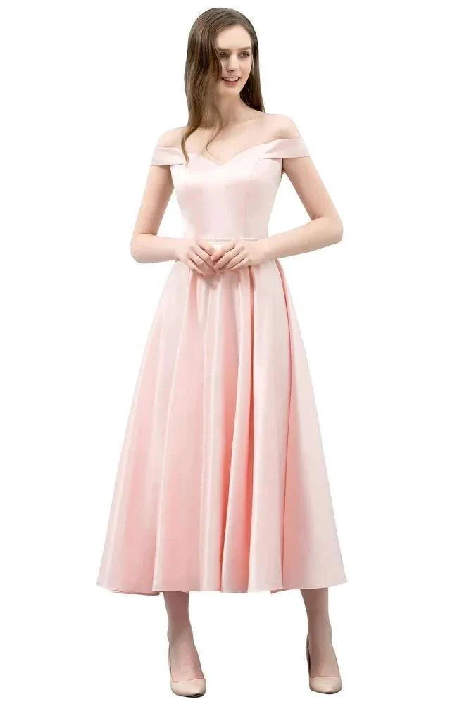 Tea Length Pink A-line Off-shoulder Prom Dresses with Sash - Image 8