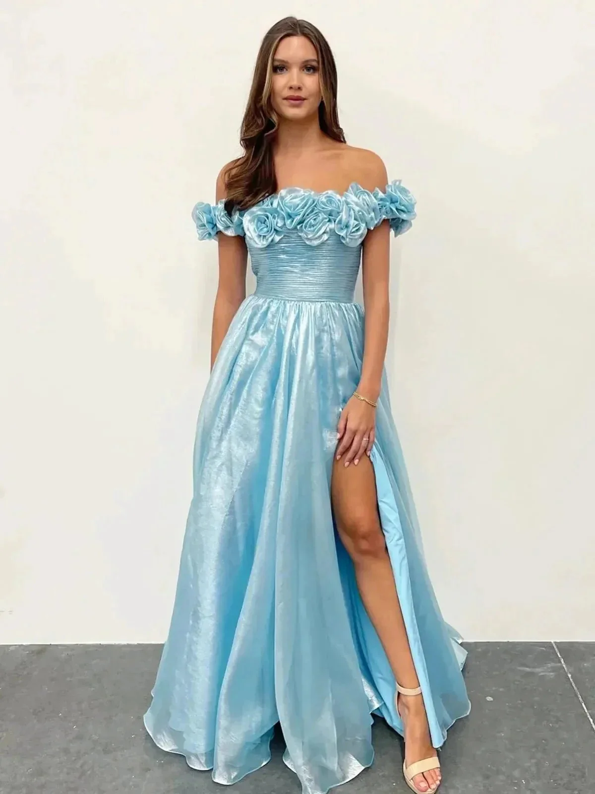 Teodora | Royal Blue Off the Shoulder A-Line Prom Dress with  3D Floral - Image 10