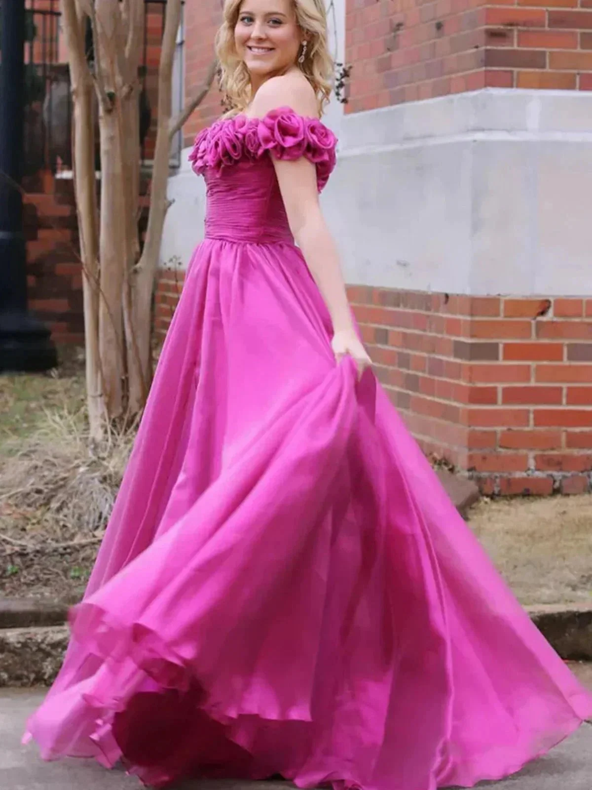 Teodora | Royal Blue Off the Shoulder A-Line Prom Dress with  3D Floral - Image 3
