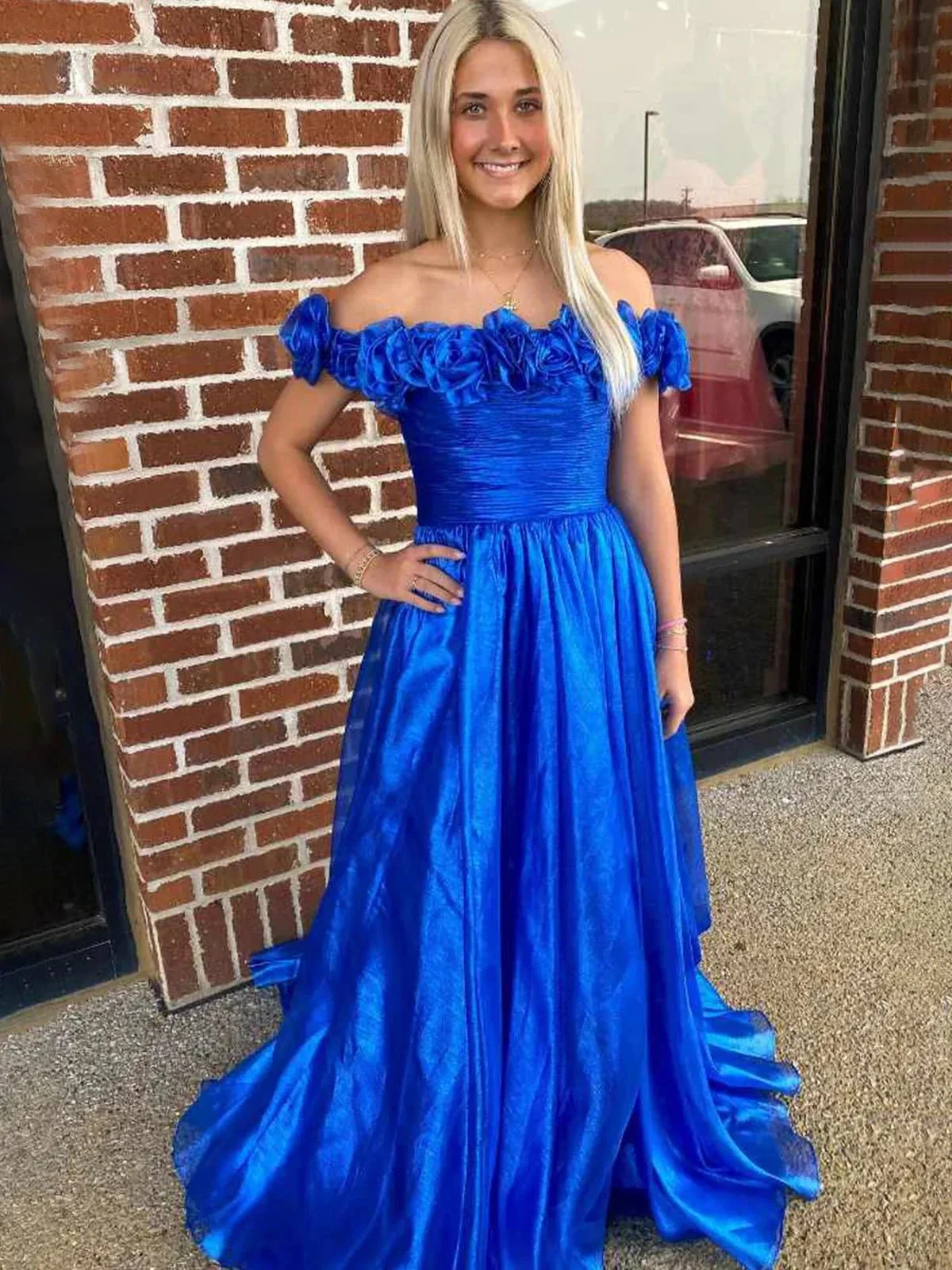 Teodora | Royal Blue Off the Shoulder A-Line Prom Dress with  3D Floral - Image 5
