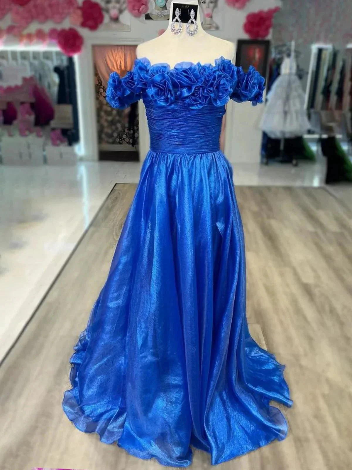 Teodora | Royal Blue Off the Shoulder A-Line Prom Dress with  3D Floral - Image 6