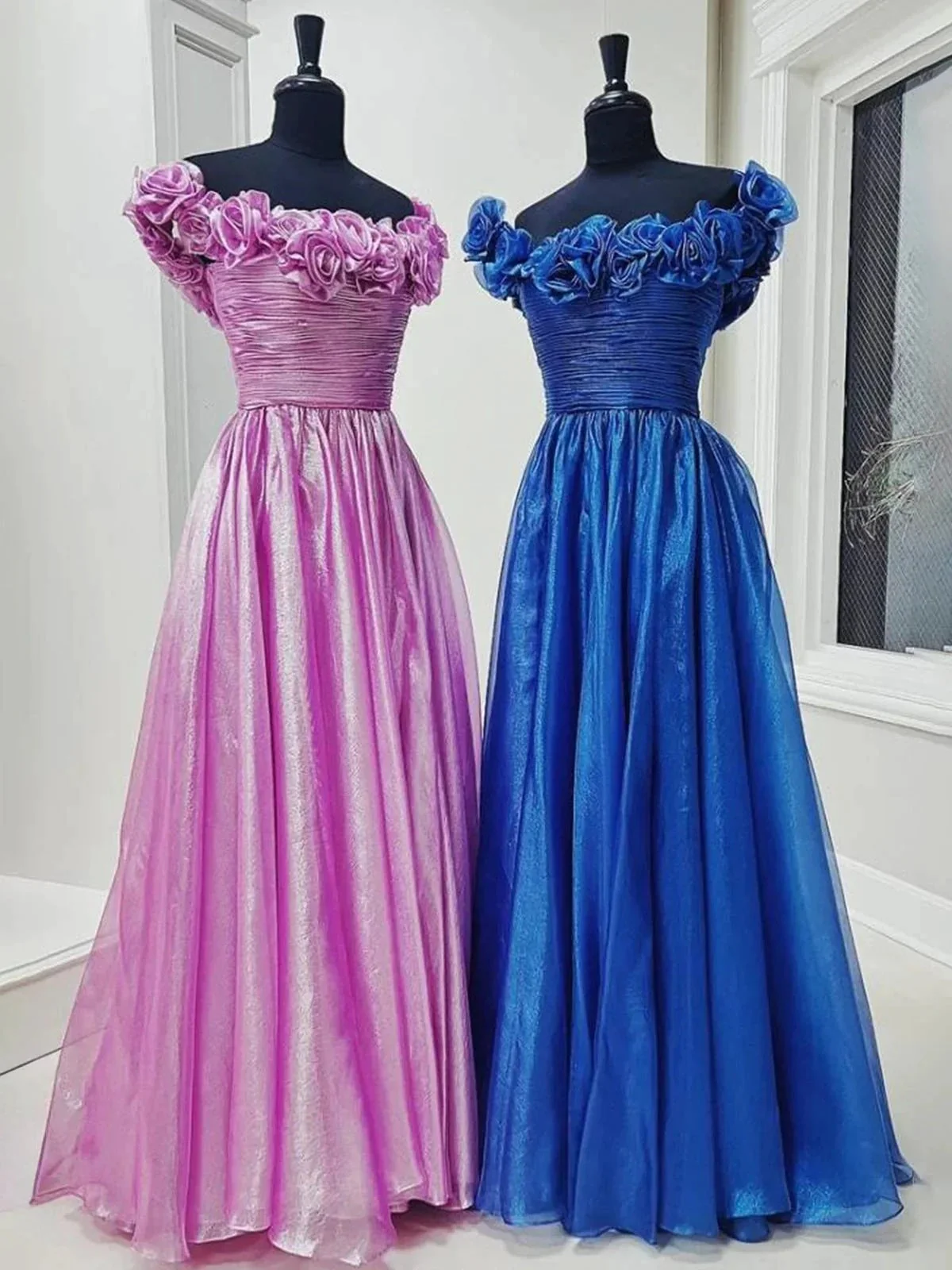 Teodora | Royal Blue Off the Shoulder A-Line Prom Dress with  3D Floral - Image 7