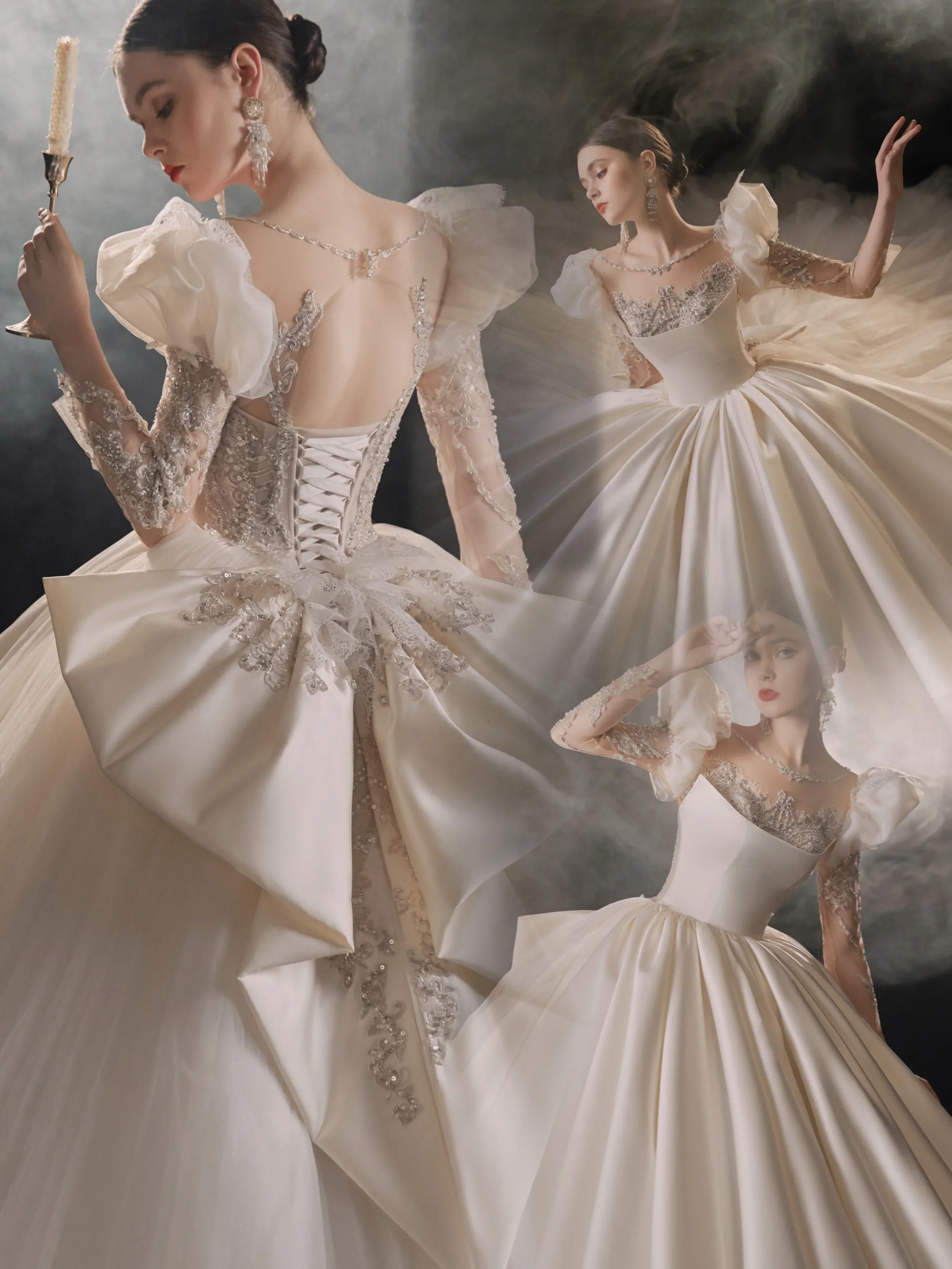 Regal Ball Gown Illusion Neckline Tulle Puff Sleeve Beaded Lace Wedding Dress with Oversized Bow Train E-304 - Image 11