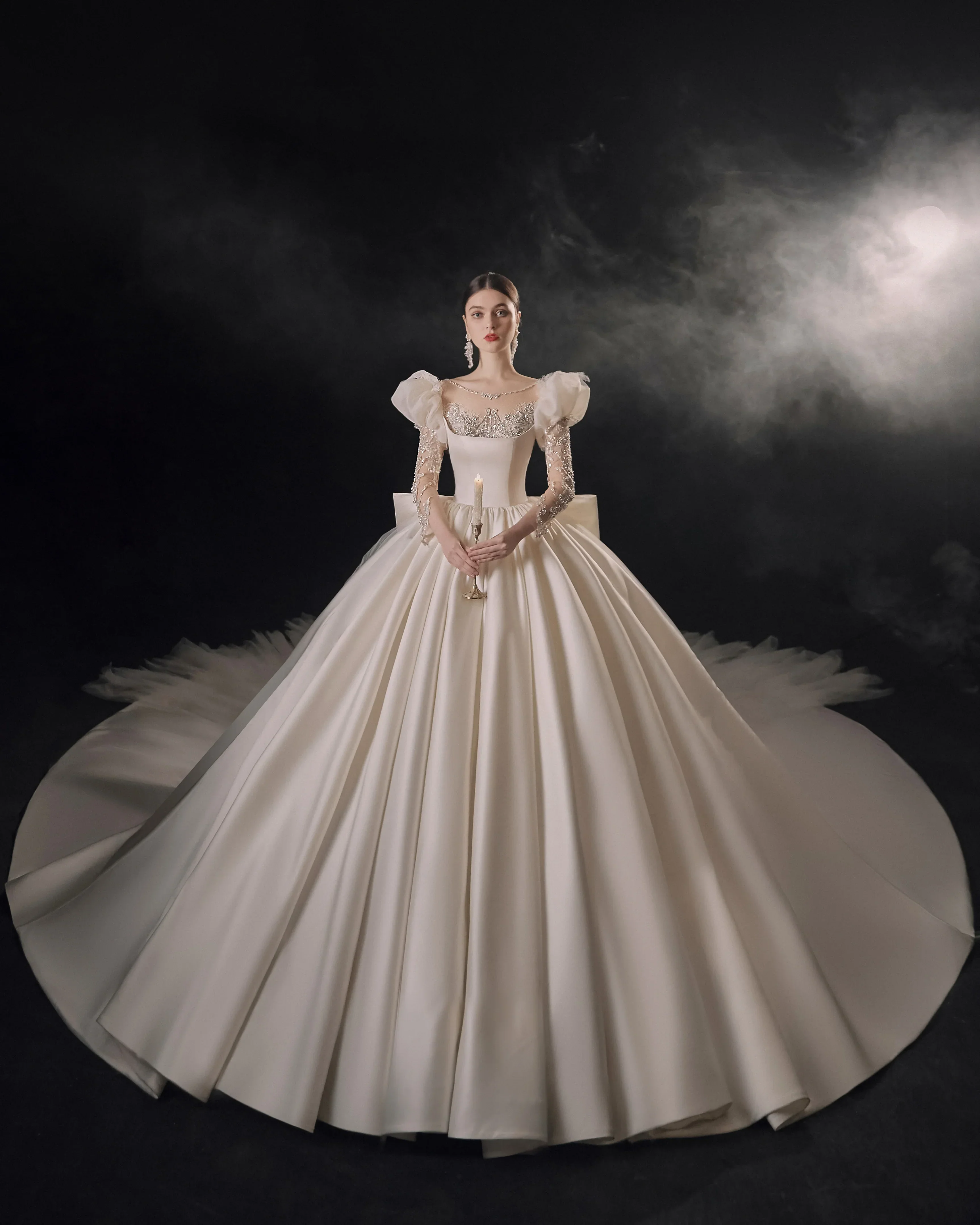 Regal Ball Gown Illusion Neckline Tulle Puff Sleeve Beaded Lace Wedding Dress with Oversized Bow Train E-304 - Image 12