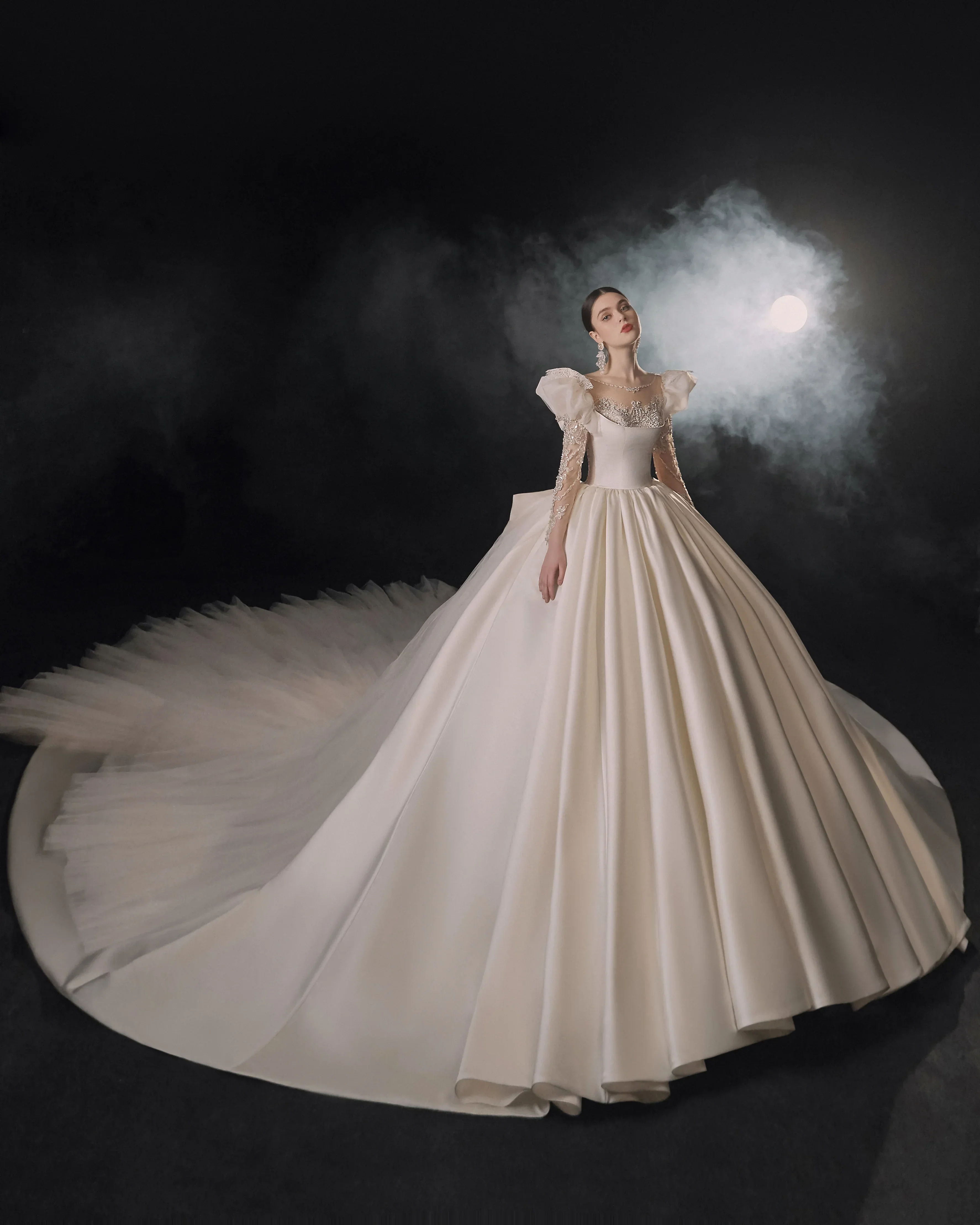 Regal Ball Gown Illusion Neckline Tulle Puff Sleeve Beaded Lace Wedding Dress with Oversized Bow Train E-304 - Image 13