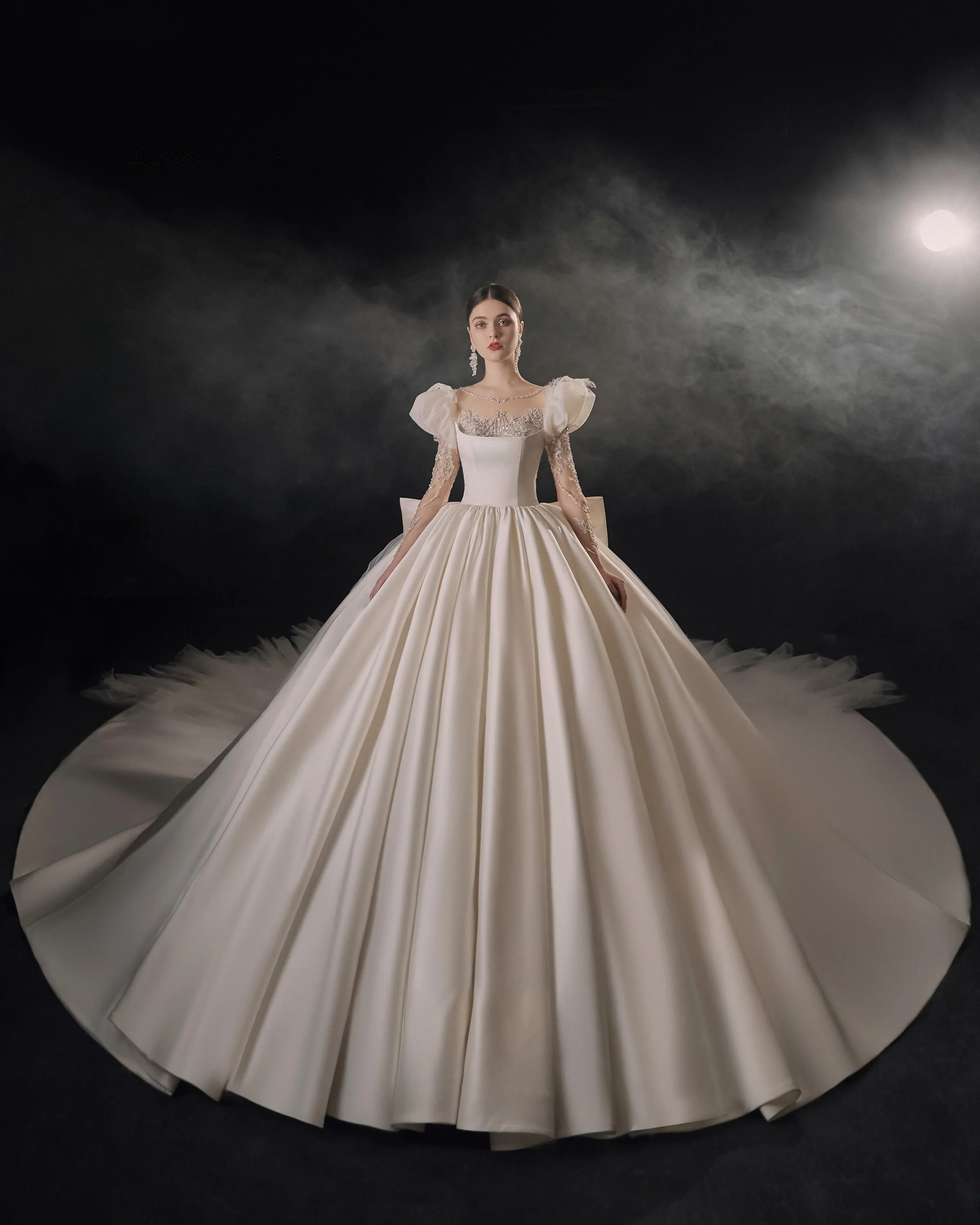 Regal Ball Gown Illusion Neckline Tulle Puff Sleeve Beaded Lace Wedding Dress with Oversized Bow Train E-304 - Image 2