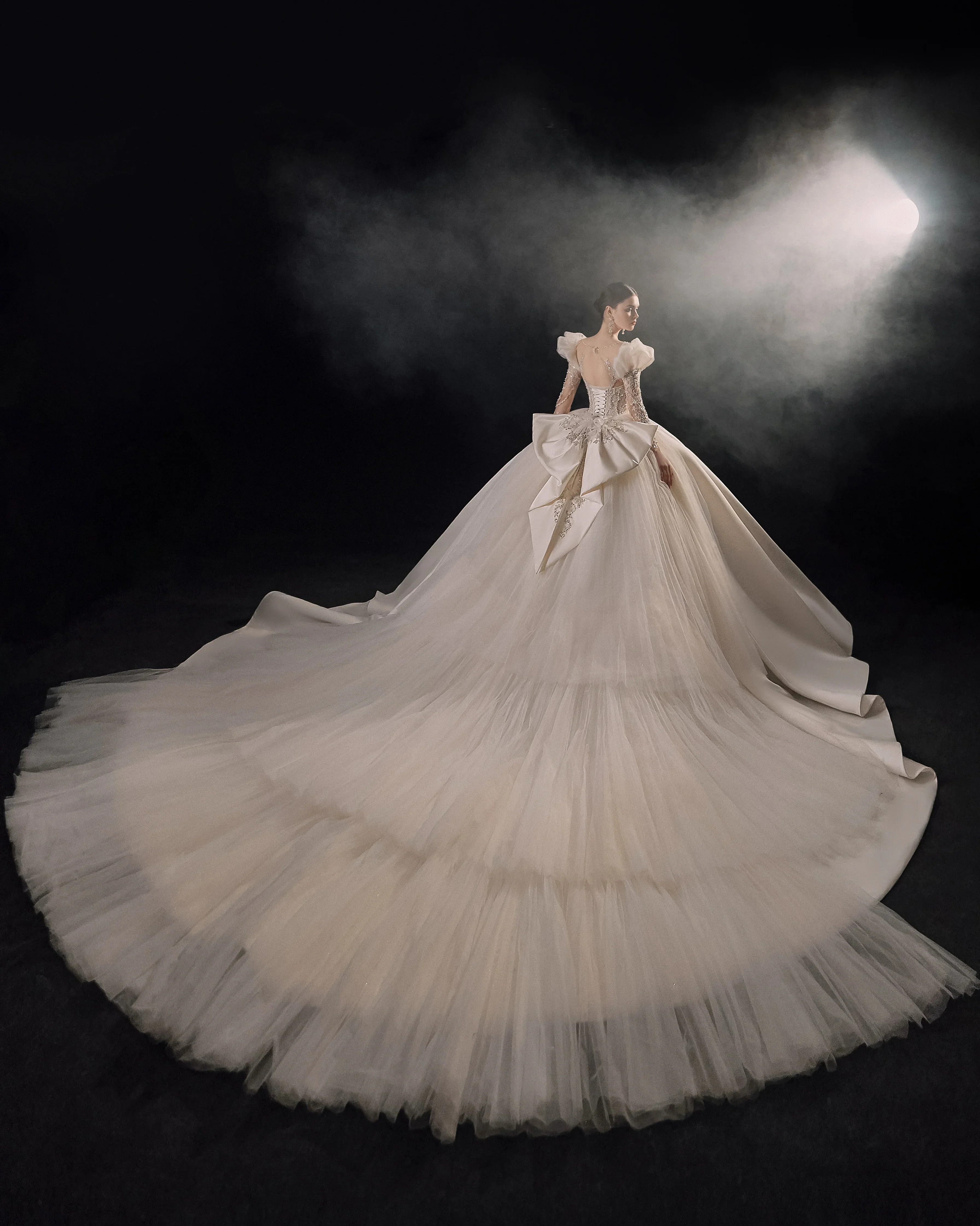 Regal Ball Gown Illusion Neckline Tulle Puff Sleeve Beaded Lace Wedding Dress with Oversized Bow Train E-304 - Image 3
