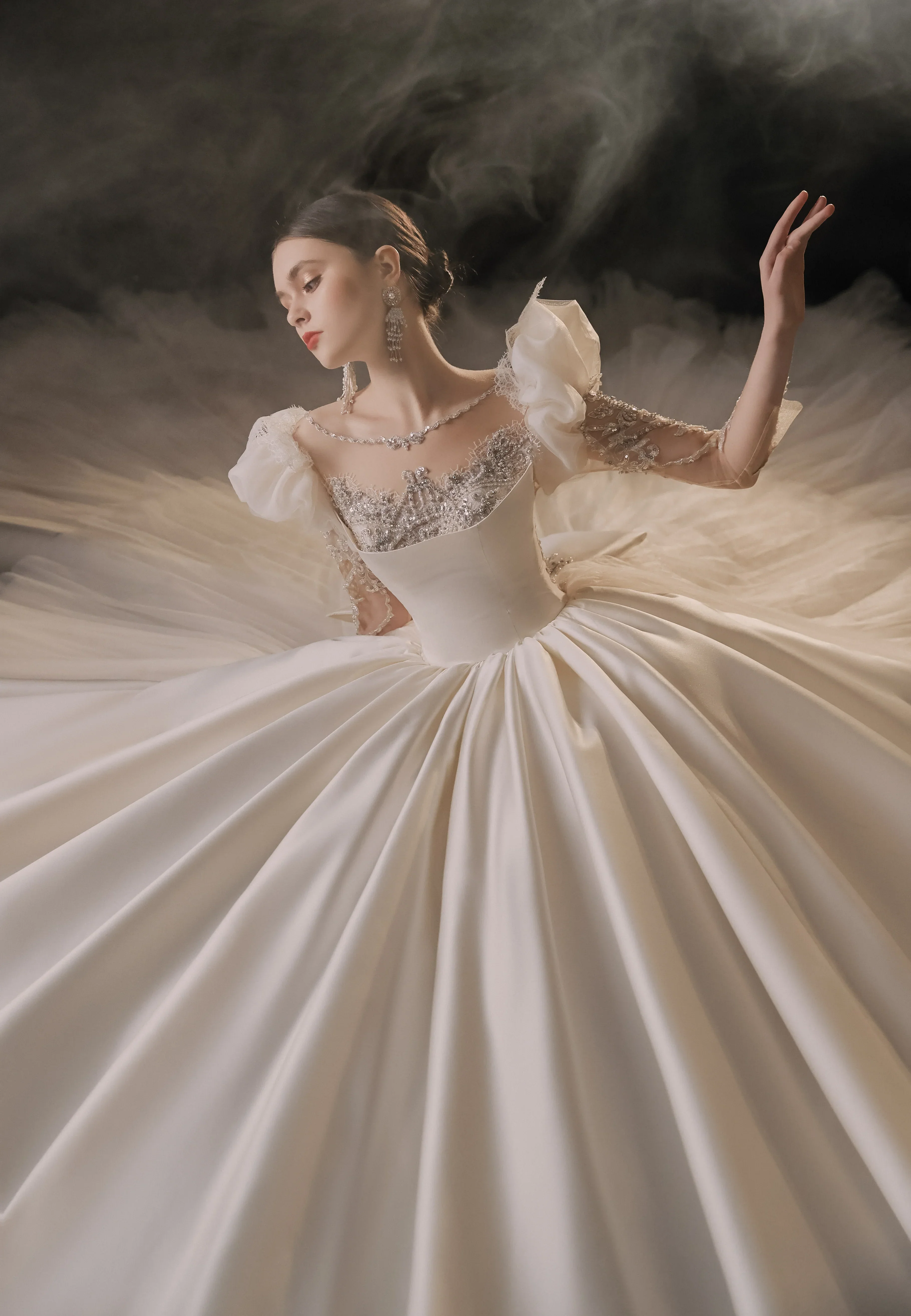 Regal Ball Gown Illusion Neckline Tulle Puff Sleeve Beaded Lace Wedding Dress with Oversized Bow Train E-304 - Image 5