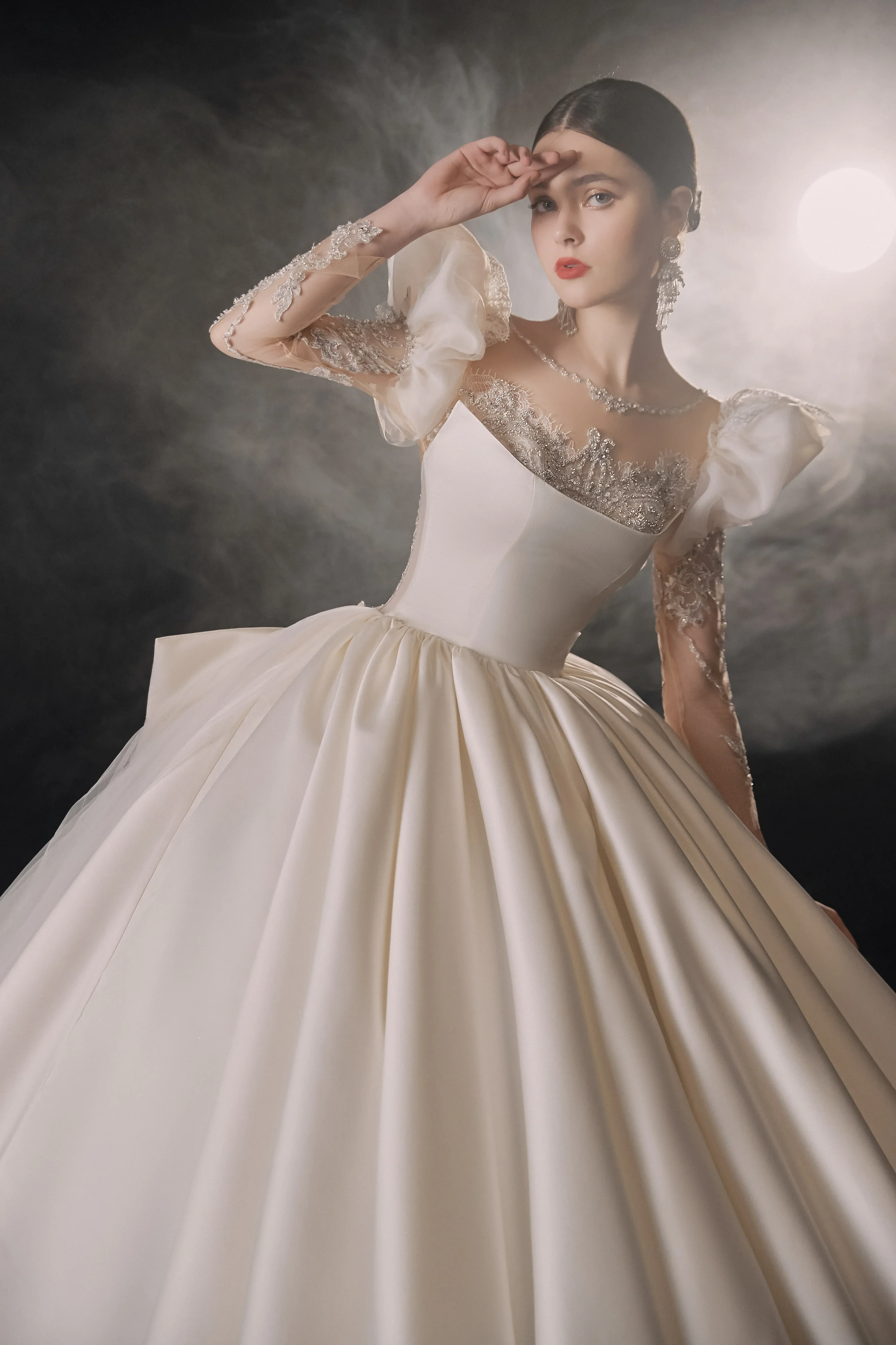 Regal Ball Gown Illusion Neckline Tulle Puff Sleeve Beaded Lace Wedding Dress with Oversized Bow Train E-304 - Image 6